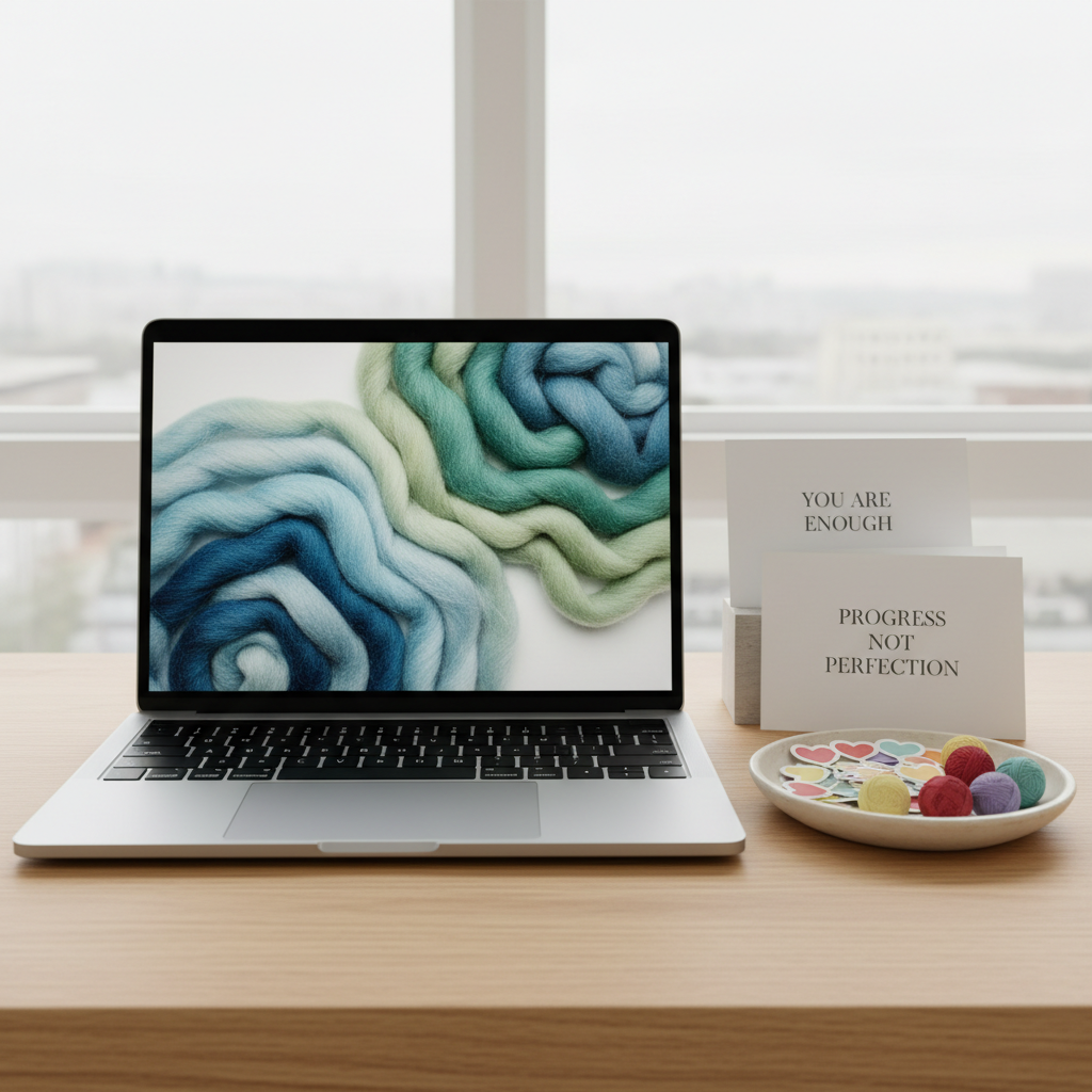A neatly arranged desktop featuring a slim silver laptop displaying a serene abstract wallpaper of interwoven wool strands in soothing blues and greens, symbolizing connection and recovery. Beside it, a tidy stack of mental health affirmation postcards and a small dish overflowing with colorful, matte-finish stickers shaped like hearts and yarn balls. The desk is a light oak surface, set near a large window with soft overcast daylight casting even, shadowless illumination. Photographed from a slightly elevated angle with sharp focus throughout, the scene feels organized and professional, yet warm and hopeful. The photographic style is clean and modern, reflecting a space where healing and creative expression comfortably coexist.