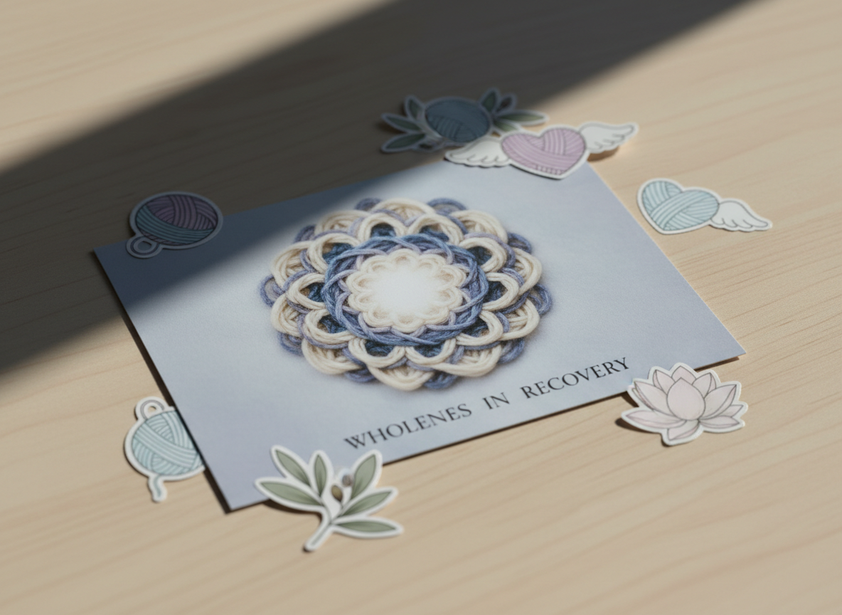A close, detailed shot of a single postcard resting on a light birch wood surface, its design featuring an abstract, photographic image of soft wool strands delicately woven into a circular mandala, symbolizing wholeness in recovery. Around the card, a few die-cut stickers—tiny illustrated yarn balls and healing-themed icons—are casually placed, slightly overlapping the edges. Cool, diffused daylight from an unseen side window creates precise yet gentle shadows along the card’s edges and a subtle sheen on the sticker surfaces. Captured at a low angle with shallow depth of field, the postcard art remains sharp while the background fades into blur. The atmosphere is reflective and intentional, embodying thoughtful connection with a professional, modern photographic style.