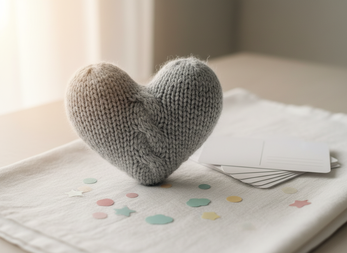 A soft, heather-gray knitted wool heart, its fibers slightly fuzzy and richly textured, rests on a clean white linen surface. Around it lie scattered pastel stickers and small blank postcards, edges neatly stacked, inviting gentle customization. Diffused morning light from an unseen window washes across the scene, creating soft highlights along the stitches and barely-there shadows beneath the objects. Shot at eye level with a shallow depth of field, the wool heart is in crisp focus while the background falls into a creamy blur. The mood is calm, comforting, and professional, with photographic realism and a minimalist, modern composition that subtly suggests emotional connection and healing.