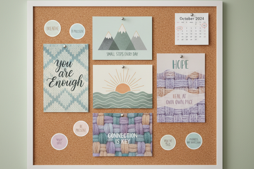 A close-up of a cork mood board mounted on a pale, calming sage wall, covered with an intentional arrangement of mental health and recovery postcards, gentle reminder stickers, and a small printed calendar. Each card features soft, muted colors and subtle wool-inspired patterns. Thin metal pins with minimalist heads hold everything in place. Soft studio lighting from the upper left creates delicate, directional highlights and gentle vignette shadows, emphasizing texture without harsh contrasts. Captured straight-on with sharp focus and balanced composition, the overall atmosphere is quietly motivational and professional, conveying a sense of organized healing and connection through thoughtfully designed paper goods.