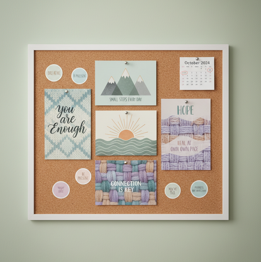 A close-up of a cork mood board mounted on a pale, calming sage wall, covered with an intentional arrangement of mental health and recovery postcards, gentle reminder stickers, and a small printed calendar. Each card features soft, muted colors and subtle wool-inspired patterns. Thin metal pins with minimalist heads hold everything in place. Soft studio lighting from the upper left creates delicate, directional highlights and gentle vignette shadows, emphasizing texture without harsh contrasts. Captured straight-on with sharp focus and balanced composition, the overall atmosphere is quietly motivational and professional, conveying a sense of organized healing and connection through thoughtfully designed paper goods.