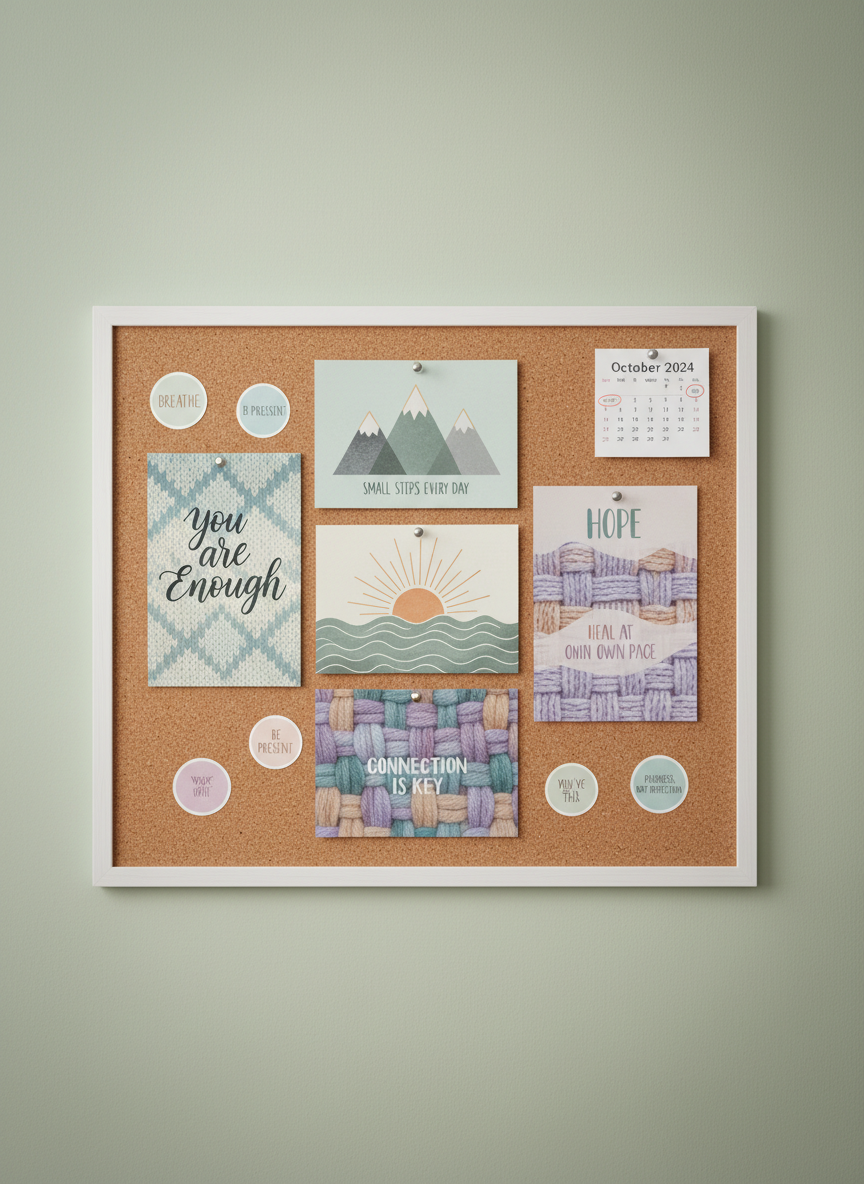 A close-up of a cork mood board mounted on a pale, calming sage wall, covered with an intentional arrangement of mental health and recovery postcards, gentle reminder stickers, and a small printed calendar. Each card features soft, muted colors and subtle wool-inspired patterns. Thin metal pins with minimalist heads hold everything in place. Soft studio lighting from the upper left creates delicate, directional highlights and gentle vignette shadows, emphasizing texture without harsh contrasts. Captured straight-on with sharp focus and balanced composition, the overall atmosphere is quietly motivational and professional, conveying a sense of organized healing and connection through thoughtfully designed paper goods.