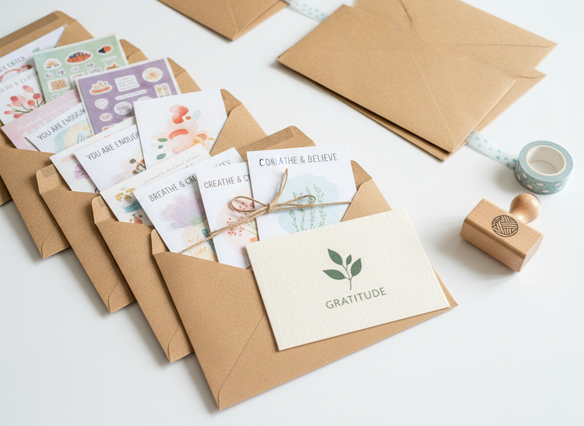 A small, beautifully organized shipping station on a white worktable: stacks of kraft mailers, each partially filled with visible sticker sheets and neatly banded sets of postcards focused on mental health and connection. A branded wool-textured thank-you card sits atop one open mailer, slightly angled. A roll of soft-blue washi tape and a minimalist rubber stamp with a yarn-ball logo rest nearby. Bright, even studio lighting from above ensures clear visibility and crisp textures without harsh shadows. Photographed from a slightly elevated perspective with sharp focus, the scene feels efficient, trustworthy, and caring, conveying a professional yet warm business dedicated to sending healing and connection through the mail in photographic realism.