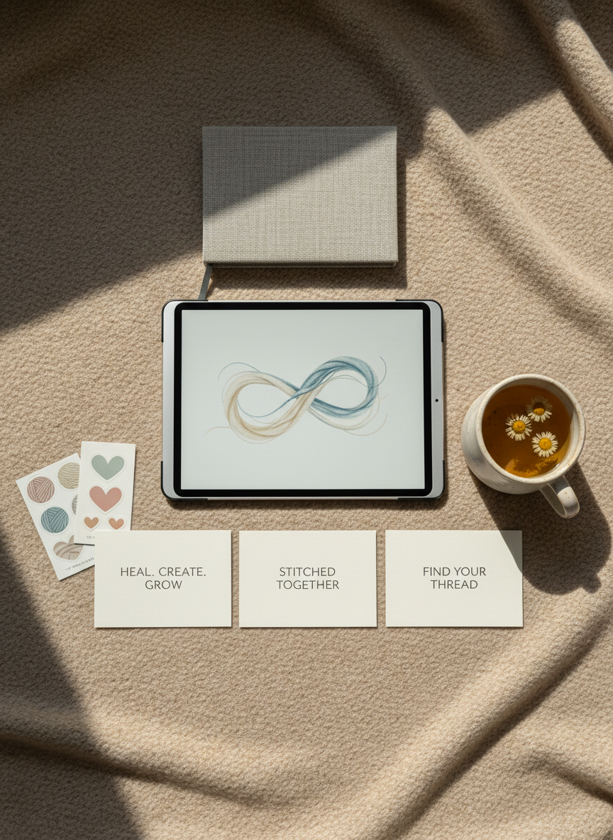 A flat lay composition on a soft, oatmeal-colored wool blanket, showcasing a curated collection of The Wool Gang products: small sheets of matte stickers shaped like yarn balls and hearts, minimalist typography postcards about healing and connection, and a tablet displaying a downloadable wallpaper with intertwined wool threads forming a subtle infinity symbol. A simple ceramic mug of herbal tea and a closed cloth-bound journal complete the arrangement. Natural window light from the top creates a gentle gradient across the scene, highlighting textures and casting soft, diffuse shadows. Shot from directly above with careful spacing and symmetry, the mood is nurturing, organized, and reassuring, with a clean, photographic aesthetic that feels both professional and deeply comforting.