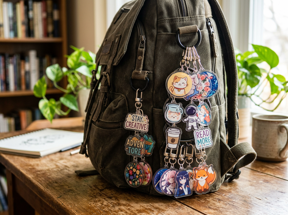 Green backpack with keychains including cute cat, fox, anime characters, coffee cup, and phrases 'Stay creative', 'Adventure', 'Read more'